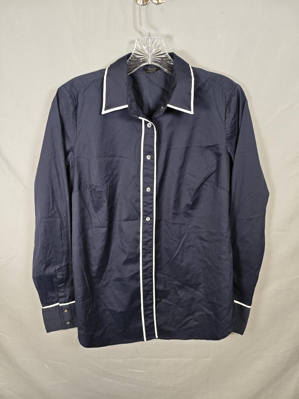 Ann Taylor Shirt Womens 8 Navy Blue White Trim Button Down Long Sleeve Classic